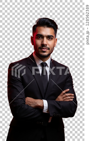 A Latinx male leader in bold crimson, arms confidently crossed, glowing light beams symbolizing his innovative approach to global expansion 128562389