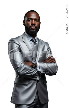 A Black male business mogul in metallic silver, arms crossed with a confident and assertive expression, bathed in futuristic light A Black male business mogul in metallic silver, arms crossed with a confident and assertive expression, bathed in futuristic light 128562406