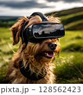 an AI Image Generator, Dog Wearing Virtual Reality Headset and Sitting on Sofa 128562423