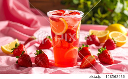 A refreshing strawberry fruit smoothie with mint in a glass, perfect for a sweet and healthy summer breakfast drink A refreshing strawberry fruit smoothie with mint in a glass, perfect for a sweet and healthy summer breakfast drink 128562486