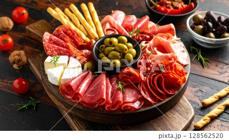 Assorted Hams and Cheese with Pickled Olives on Decorative Platter Assorted Hams and Cheese with Pickled Olives on Decorative Platter 128562520