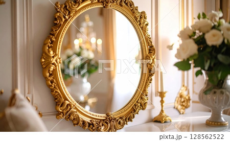 Antique Golden Mirror and Elegant Flower Vase on Table with Classic White Wall Antique Golden Mirror and Elegant Flower Vase on Table with Classic White Wall 128562522