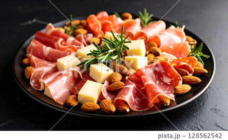 Delicious appetizer plates featuring fresh ham and cheese, alongside gourmet salami with a side salad Delicious appetizer plates featuring fresh ham and cheese, alongside gourmet salami with a side salad 128562542