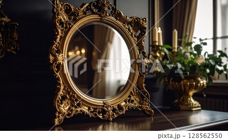 Close-Up of Elegant Antique Mirror and Candle Holder Close-Up of Elegant Antique Mirror and Candle Holder 128562550