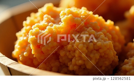 Macro Close-up of Golden Crispy Fried Chicken Skin Texture Macro Close-up of Golden Crispy Fried Chicken Skin Texture 128562581