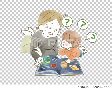 一名男子被孩子問了一連串問題──水彩畫 一名男子被孩子問了一連串問題──水彩畫 128562662