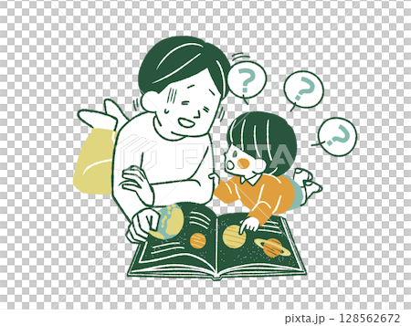 子供の質問攻めにあう男性-4色 128562672