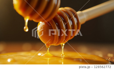 Dual Honey Dippers Dripping Golden Viscous Honey Close-up 128562772