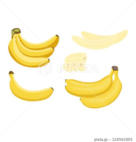 Vector illustration of bunches banana in cartoon flat style. Sweet yellow and green fresh banana fruit bright healthy food for diet or vegetarian isolated on white background. Vector illustration of bunches banana in cartoon flat style. Sweet yellow and green fresh banana fruit bright healthy food for diet or vegetarian isolated on white background. 128562805