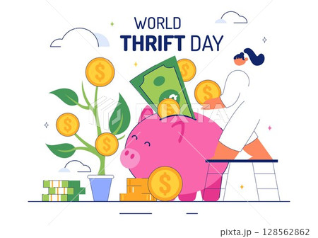 World Thrift Day Vector Illustration with a Piggy Bank and Coins, Representing Saving, Financial Literacy, and Economic Stability in a Background 128562862