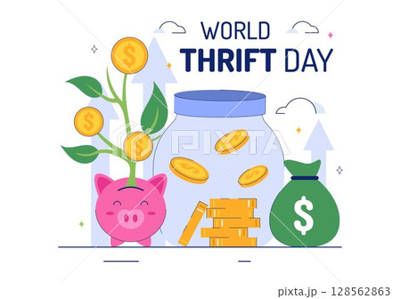 World Thrift Day Vector Illustration with a Piggy Bank and Coins, Representing Saving, Financial Literacy, and Economic Stability in a Background World Thrift Day Vector Illustration with a Piggy Bank and Coins, Representing Saving, Financial Literacy, and Economic Stability in a Background 128562863