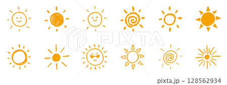 手書き　太陽　アイコン　オレンジ　ベクター　セット 128562934