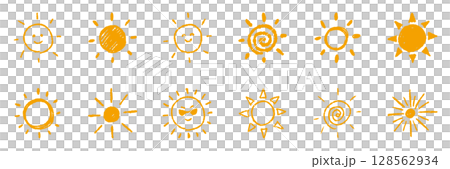 手書き　太陽　アイコン　オレンジ　ベクター　セット 128562934