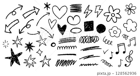 手書き 落書き クレヨン風 セット 黒 ベクター 手書き 落書き クレヨン風 セット 黒 ベクター 128562936