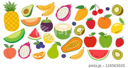 Set of summer fruits illustration background. Collection of different tropical fruits. 128563020