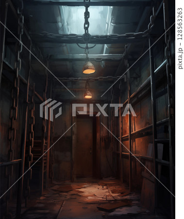 A prison cell in the basement, with a gloomy atmosphere and old tones. 128563263