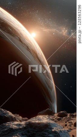 Sleek brown planet with twinkling stars and glowing horizon creates stunning cosmic scene 128563296