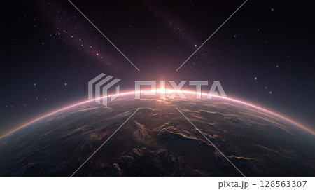 Breathtaking view of sleek planet with twinkling stars in background, showcasing beauty of deep space 128563307