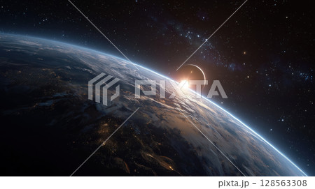 Breathtaking view of Earth from space with glowing sunrise and twinkling stars in background, showcasing beauty of deep space 128563308