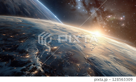 Breathtaking view of sleek planet with twinkling stars in background, showcasing deep space and glowing horizon 128563309