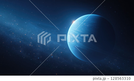 Sleek blue planet with twinkling stars in background, set in vastness of deep space 128563310