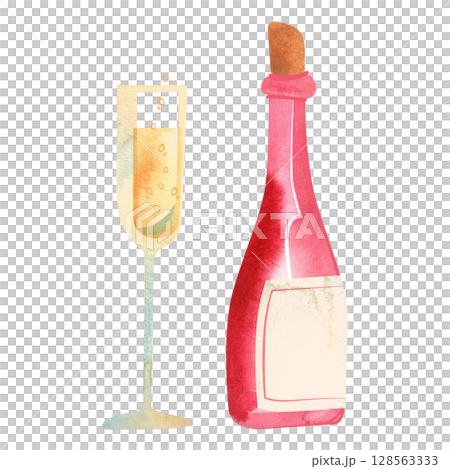 Pink glamorous bottle and glass of champagne. Feminine, girlish drink. Isolated watercolor illustration. 128563333