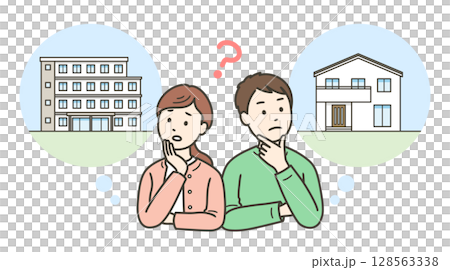 A young couple struggling to decide whether to buy an apartment or a detached house for their new home 128563338