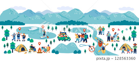 山々とアウトドアを楽しむ人々の手描きイラストセット 128563360