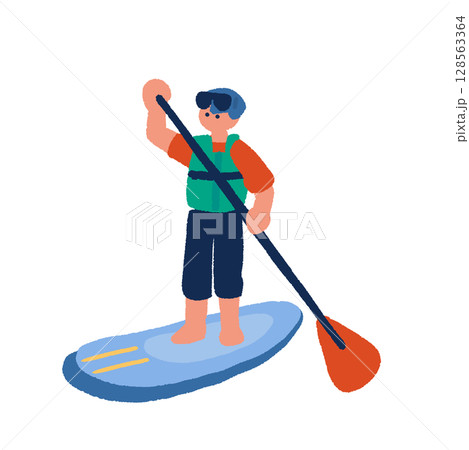 SUPを楽しむ男性の手描きイラスト 128563364