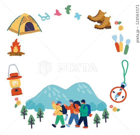 夏山をハイキングする人々の手描きフレーム 128563371