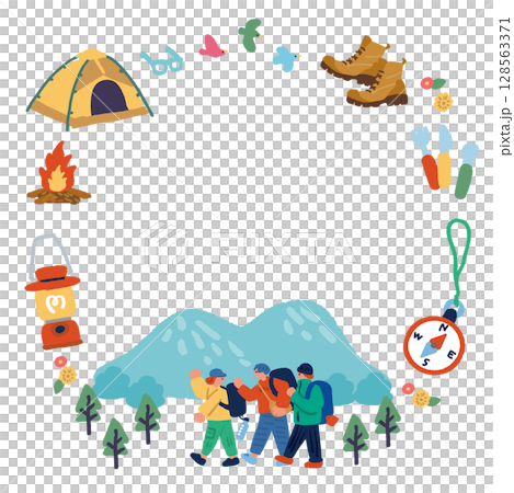 手繪夏季山區健行者的框架 128563371