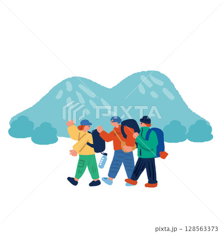 夏山をハイキングする人々の手描きイラスト 128563373