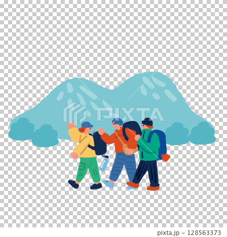 夏山をハイキングする人々の手描きイラスト 128563373