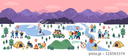 朝焼けの山々とアウトドアを楽しむ人々の手描きイラストセット 朝焼けの山々とアウトドアを楽しむ人々の手描きイラストセット 128563374
