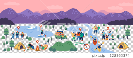 手繪插畫集日出山脈和享受戶外的人們 128563374