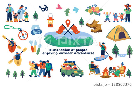 アウトドアを楽しむ人々の手描きイラストセット 128563376