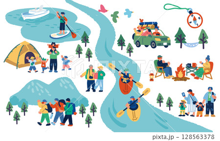 キャンプやカヤックなどアウトドアを楽しむ人々の手描きイラスト 128563378