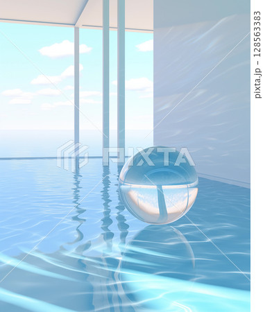 A clear glass ball in a light blue room for use as an illustration for advertising cosmetics or skincare products. 128563383