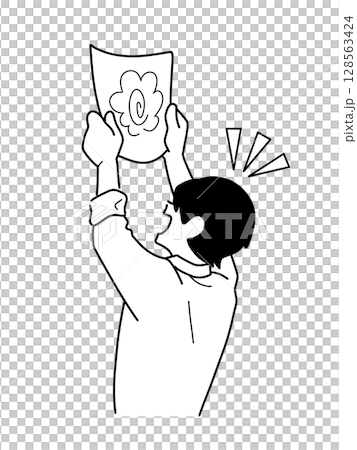 テストで高得点を取って喜ぶ男子生徒のモノクロイラスト 128563424