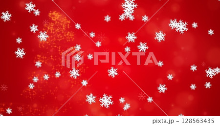 Snowflakes falling against shooting star forming a christmas tree on red background 128563435