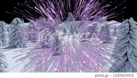 Purple light trails exploding over multiple trees on winter landscape against black background Purple light trails exploding over multiple trees on winter landscape against black background 128563459
