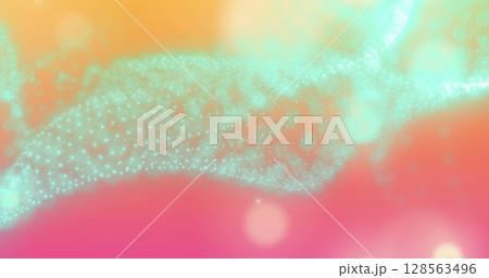 Image of moving glowing lights and waves over colorful background 128563496