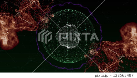 Image of moving glowing lights and waves over black background 128563497