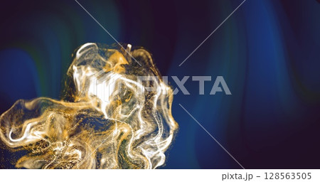 Image of moving glowing lights and waves over black background 128563505