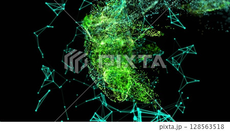 Image of moving glowing lights and waves and connection over black background 128563518