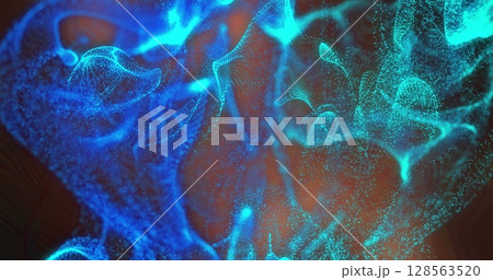 Image of moving glowing lights and waves over black background 128563520