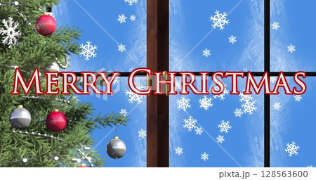 Christmas tree and window frame against merry christmas text and snowflakes on blue background 128563600