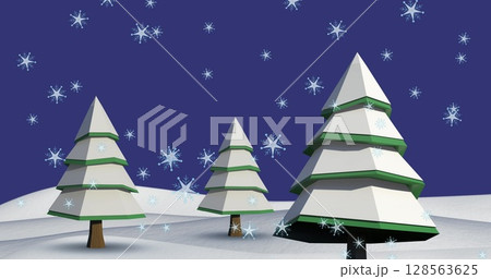 Multiple stars falling over trees on winter landscape against blue background 128563625