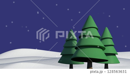 Image of snow falling over fir trees and winter landscape Image of snow falling over fir trees and winter landscape 128563631