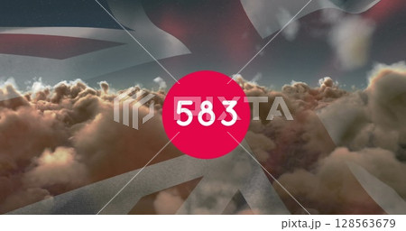 Image of counter over clouds and flag of united kingdom 128563679